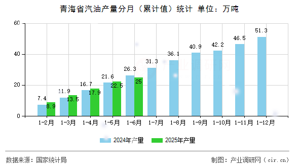 青海省汽油產(chǎn)量分月（累計(jì)值）統(tǒng)計(jì)