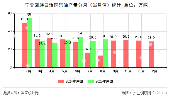 寧夏回族自治區(qū)汽油產(chǎn)量分月（當(dāng)月值）統(tǒng)計